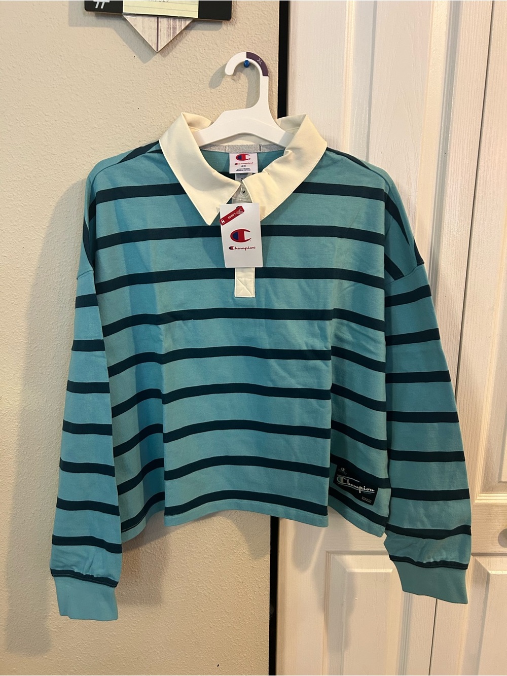 Champion women’s Teal & Navy Striped Rugby Polo